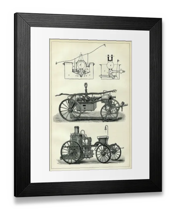 Framed Print : Fireworker extinguishing water pump cart 1898 Framed Print : Fireworker extinguishing water pump cart 1898