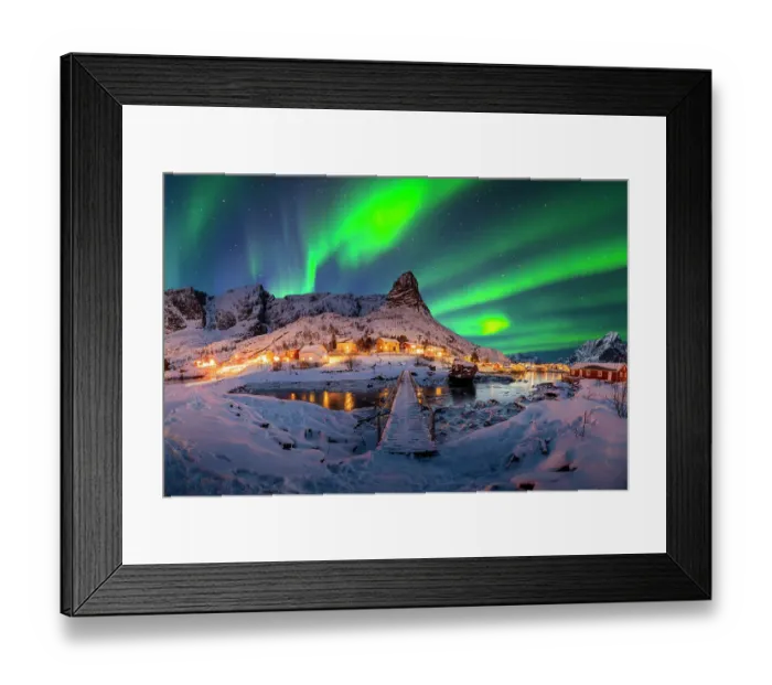 Framed Print : Panorama of Reine's wooden bridge with Aurora and Reine mountian in the background -stock photo Framed Print : Panorama of Reine's wooden bridge with Aurora and Reine mountian in the background -stock photo