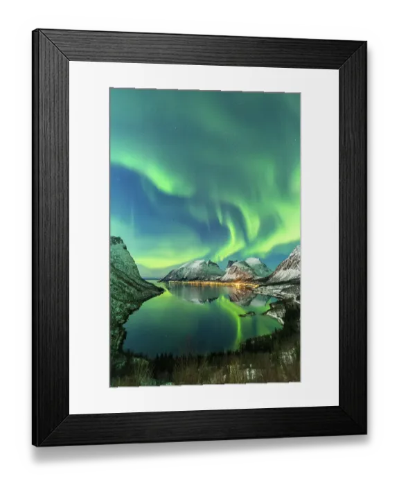 Framed Print : The aurora borealis lights up in the sky and is reflected in the fjord. Northern Norway, Europe Framed Print : The aurora borealis lights up in the sky and is reflected in the fjord. Northern Norway, Europe