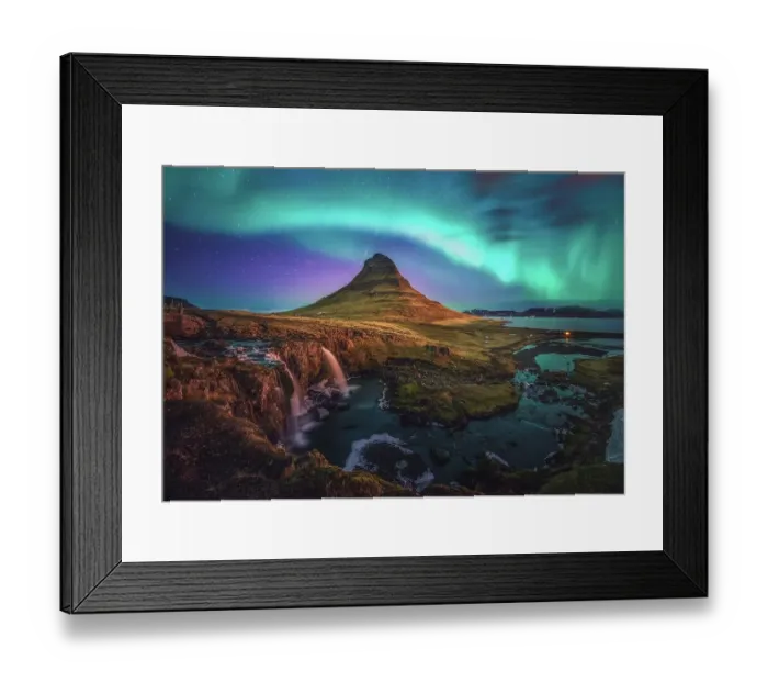 Framed Print : active aurora borealis storm display over iconic shape of mountain kirkjufell, Iceland