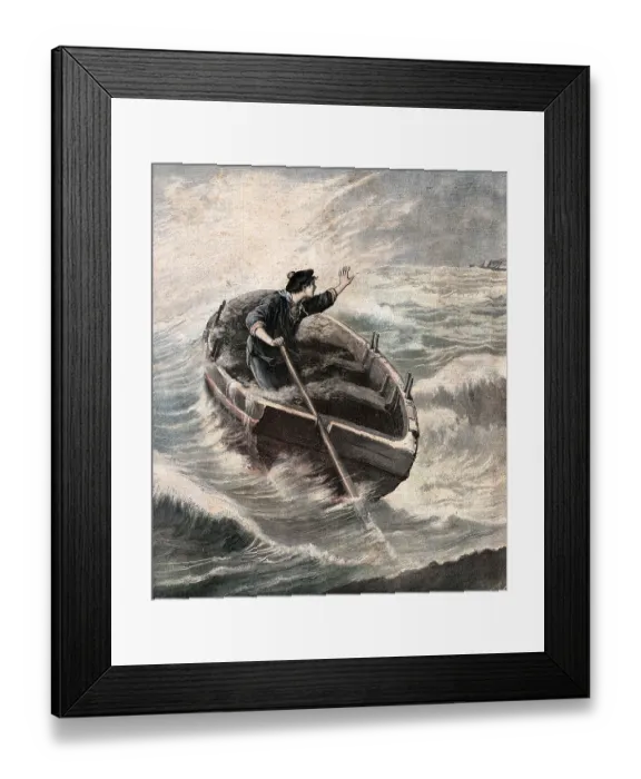 Framed Print : Maritime History, Lost at Sea, Sailor waving at a passing steamship 1890s, 19th Century