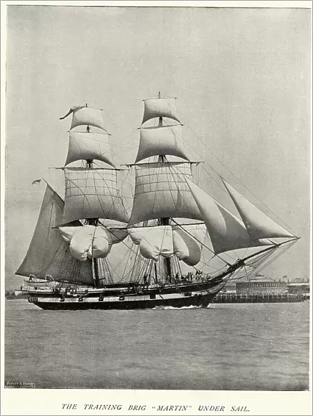 British Royal Navy training tall ship, Brig Martin under sail, 19th Century, Vintage Picture