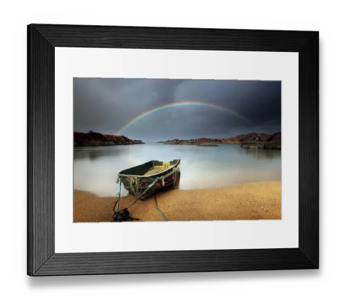Framed Print : Rainbow and boat, Ardtoe, West Scotland Framed Print : Rainbow and boat, Ardtoe, West Scotland