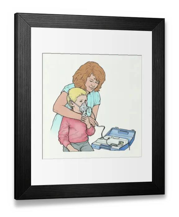 Framed Print : Woman applying nebulizer mask around boy's head Framed Print : Woman applying nebulizer mask around boy's head