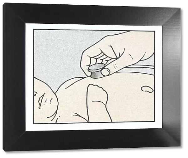 Illustration of hand holding stethoscope on chest of baby