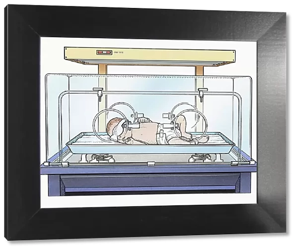 Illustration of baby wearing eye mask and nappy lying on back inside incubator