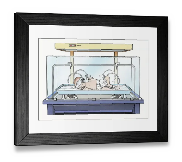 Framed Print : Illustration of baby wearing eye mask and nappy lying on back inside incubator Framed Print : Illustration of baby wearing eye mask and nappy lying on back inside incubator