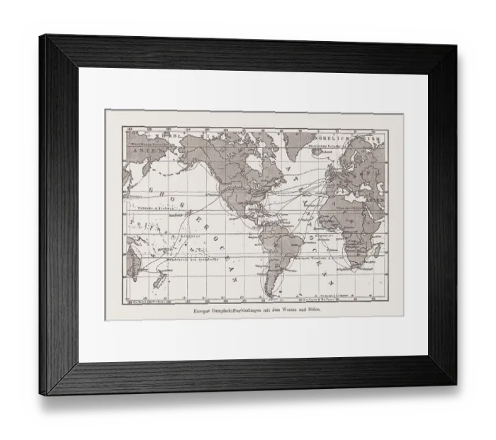 Framed Print : Historical map of Europe's steamship connections, wood engraving, published 1894 Framed Print : Historical map of Europe's steamship connections, wood engraving, published 1894