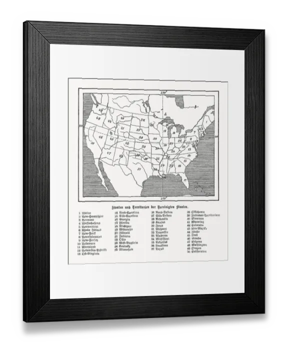 Framed Print : States and territories of the USA, wood engraving, published 1899 Framed Print : States and territories of the USA, wood engraving, published 1899