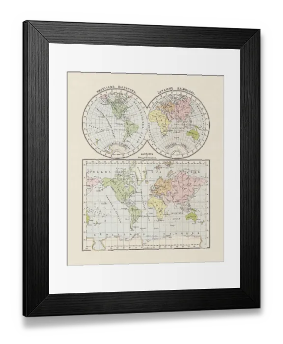 Framed Print : World map. Western and Eastern hemispheres, lithograph, published in 1893