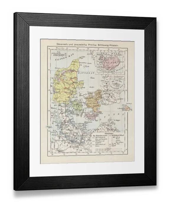 Framed Print : Map of Denmark, Iceland, Faroe Islands and Schleswig-Holstein. lithograph, 1893 Framed Print : Map of Denmark, Iceland, Faroe Islands and Schleswig-Holstein. lithograph, 1893