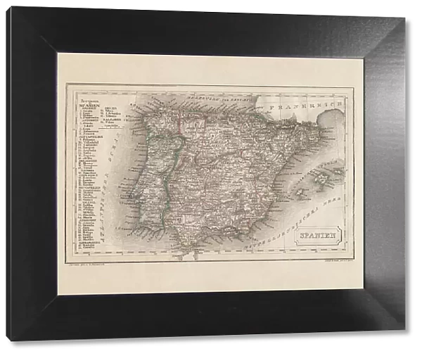 Old map of Spain and Portugal, steel engraving, published 1857