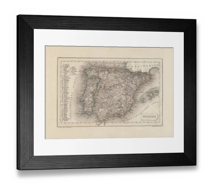 Framed Print : Old map of Spain and Portugal, steel engraving, published 1857 Framed Print : Old map of Spain and Portugal, steel engraving, published 1857
