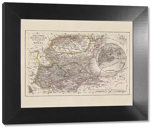 Old map of Romania and Bulgaria, steel engraving, published 1857