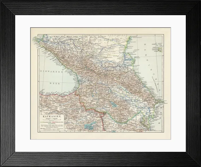Framed Print : Topographic map of the Caucasus Region, lithograph, published in 1898
