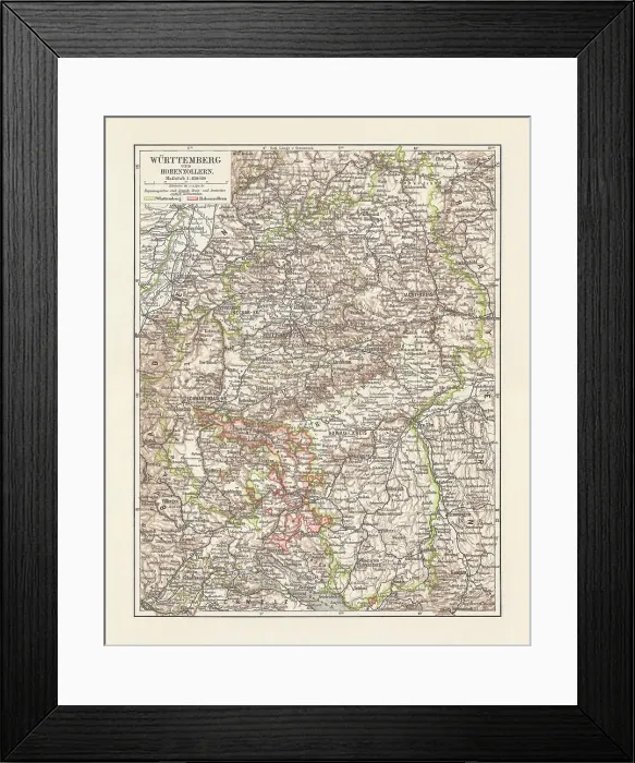 Framed Print : Historical map of Wurttemberg and Hohenzollern, Germany, lithograph, published 1897 Framed Print : Historical map of Wurttemberg and Hohenzollern, Germany, lithograph, published 1897