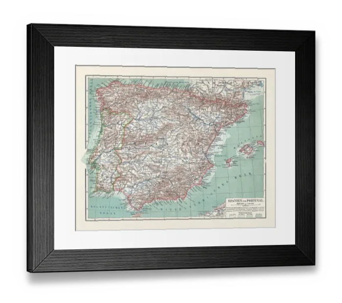 Framed Print : Topographic map of Spain and Portugal, lithograph, published in 1897 Framed Print : Topographic map of Spain and Portugal, lithograph, published in 1897