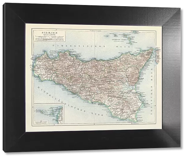 Topographic map of Sicily, Italy, lithograph, published in 1897