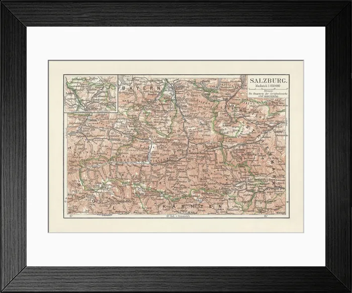 Framed Print : Map of Salzburg, federal state in Austria, lithograph, published 1897 Framed Print : Map of Salzburg, federal state in Austria, lithograph, published 1897