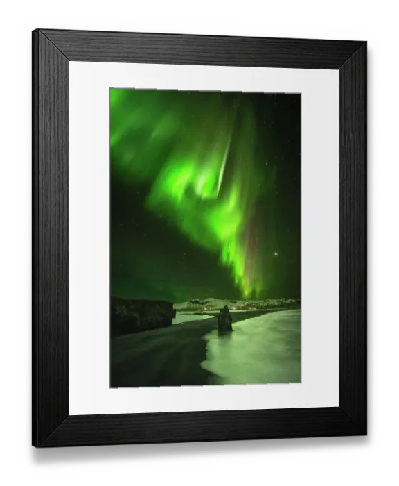 Framed Print : Aurora over Dyrholaey, Vik Framed Print : Aurora over Dyrholaey, Vik