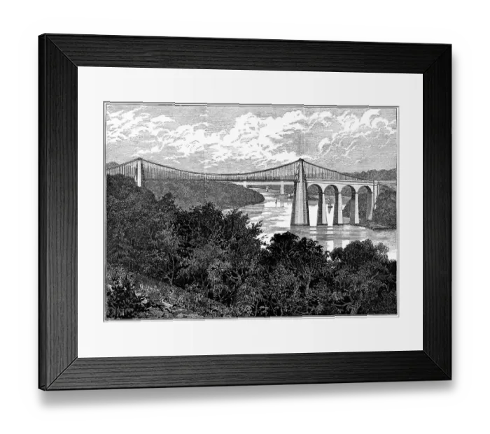 Framed Print : Menai Suspension Bridge in Bangor, Wales - 19th Century Framed Print : Menai Suspension Bridge in Bangor, Wales - 19th Century