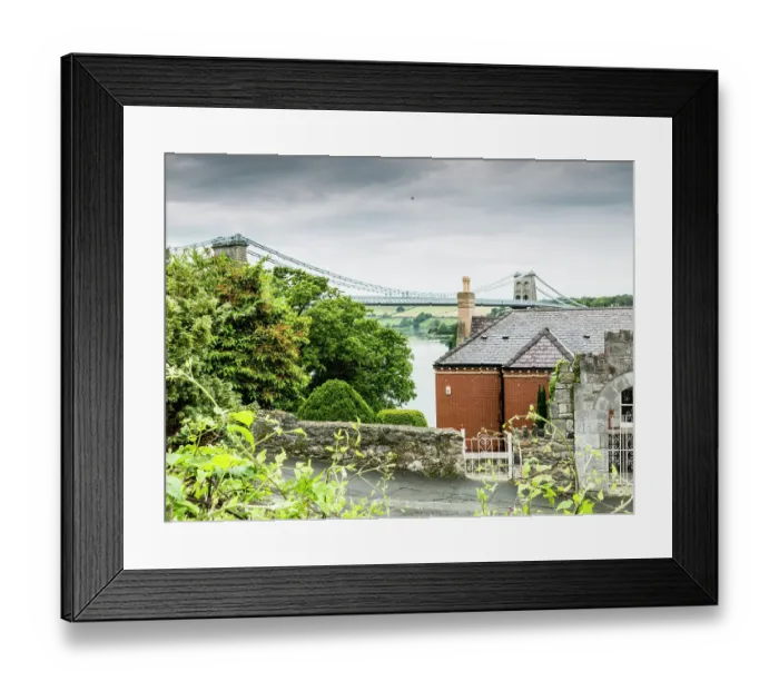 Framed Print : View of the Menai suspension bridge (1826) designed by Thomas Telford from near Bangor:The Wales Coast Path - north Wales Framed Print : View of the Menai suspension bridge (1826) designed by Thomas Telford from near Bangor:The Wales Coast Path - north Wales