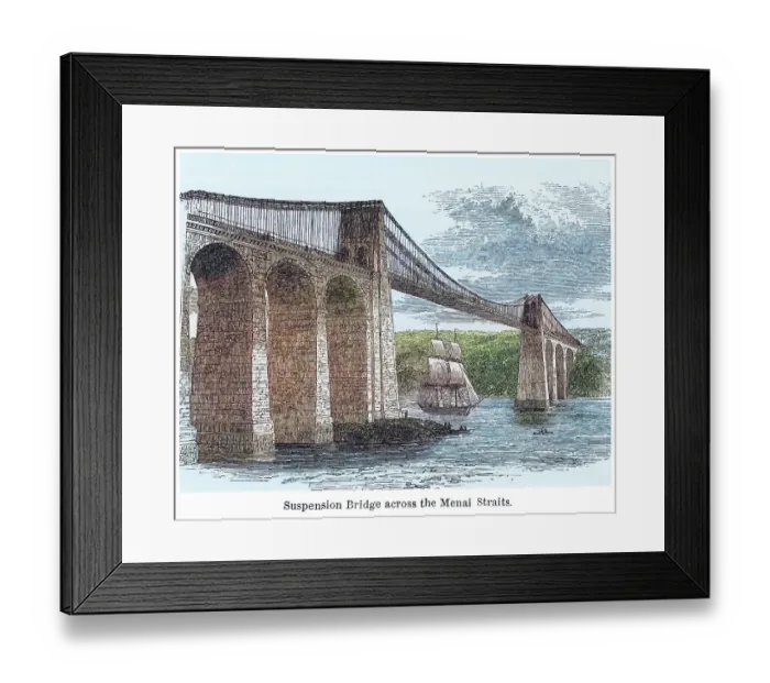 Framed Print : Old engraved illustration of the Menai Suspension Bridge, a suspension bridge spanning the Menai Strait between the island of Anglesey and the mainland of Wales