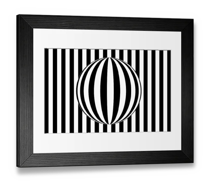 Framed Print : Abstract op art: sphere refracting parallel lines in front of a striped black and white background Framed Print : Abstract op art: sphere refracting parallel lines in front of a striped black and white background