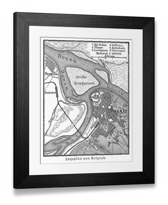 Framed Print : Old engraved map of Belgrade, capital and largest city of Serbia Framed Print : Old engraved map of Belgrade, capital and largest city of Serbia