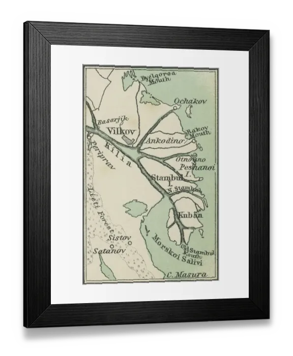 Framed Print : Old chromolithograph map of the Danube Delta, the second largest river delta in Europe, after the Volga Delta, and is the best preserved on the continent Framed Print : Old chromolithograph map of the Danube Delta, the second largest river delta in Europe, after the Volga Delta, and is the best preserved on the continent