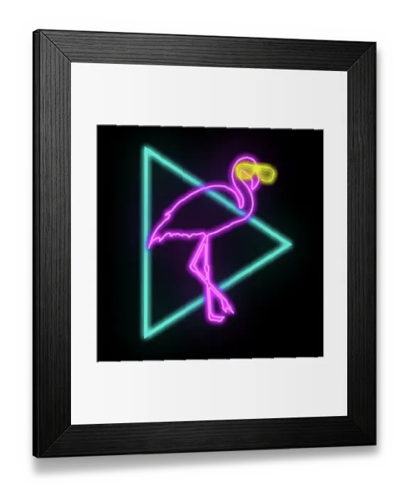 Framed Print : Retro 80's Neon Sign Pink Flamingo Wearing Sunglasses Framed Print : Retro 80's Neon Sign Pink Flamingo Wearing Sunglasses