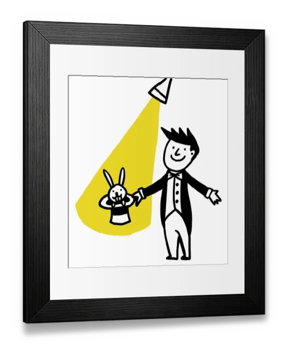 Framed Print : Magician with rabbit and hat under spot light Framed Print : Magician with rabbit and hat under spot light