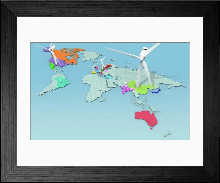 Framed Print : World map showing countries with largest wind power output Framed Print : World map showing countries with largest wind power output