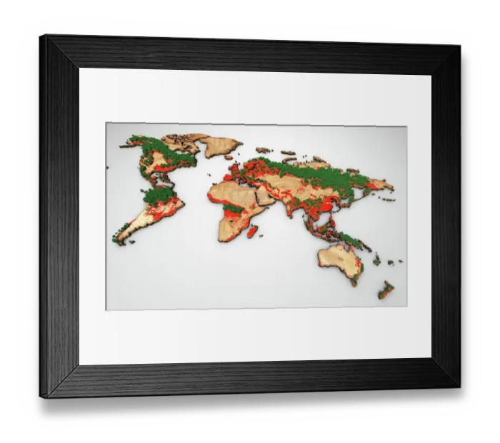 Framed Print : World map showing levels of defeorestation Framed Print : World map showing levels of defeorestation