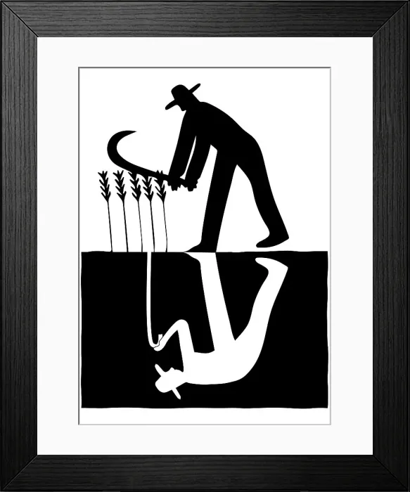 Framed Print : Agricultural worker tending to crops and below the ground a reflection of him with a walking cane Framed Print : Agricultural worker tending to crops and below the ground a reflection of him with a walking cane
