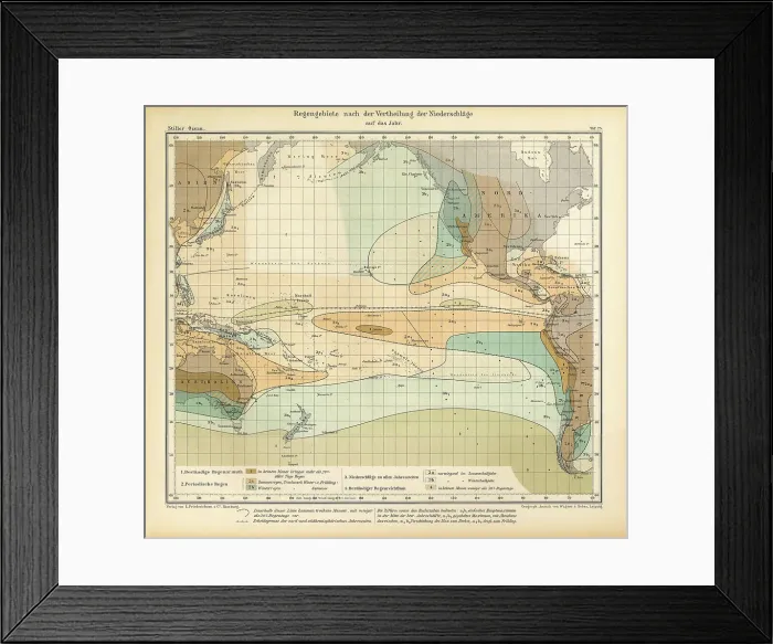 Framed Print : Chart of Weather Patterns in the Pacific Ocean in January, German Antique Victorian Engraving, 1896