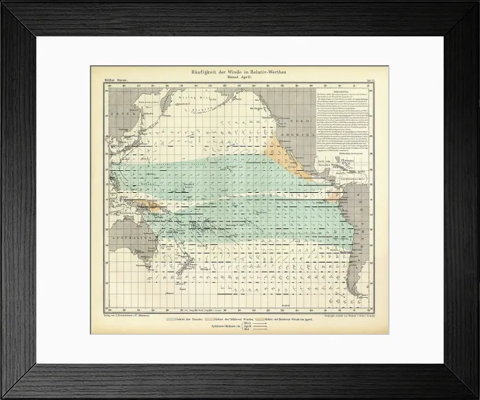 Framed Print : Chart of Weather Patterns in the Pacific Ocean in April, German Antique Victorian Engraving, 1896 Framed Print : Chart of Weather Patterns in the Pacific Ocean in April, German Antique Victorian Engraving, 1896