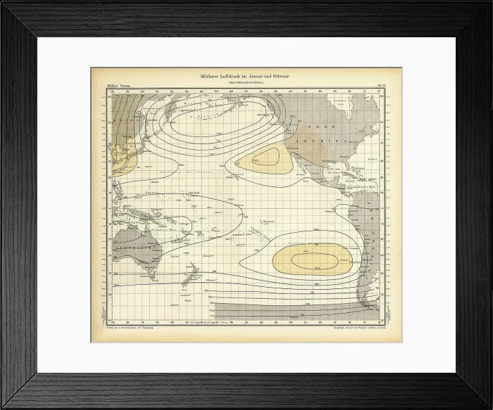Framed Print : Chart of Weather Patterns in the Pacific Ocean in January and February, German Antique Victorian Engraving, 1896 Framed Print : Chart of Weather Patterns in the Pacific Ocean in January and February, German Antique Victorian Engraving, 1896