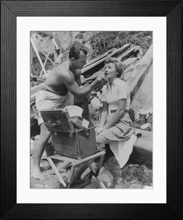 Framed Print : Jeopardy. Make-up artist Pat McNalley works on American actress Barbara Stanwyck Framed Print : Jeopardy. Make-up artist Pat McNalley works on American actress Barbara Stanwyck