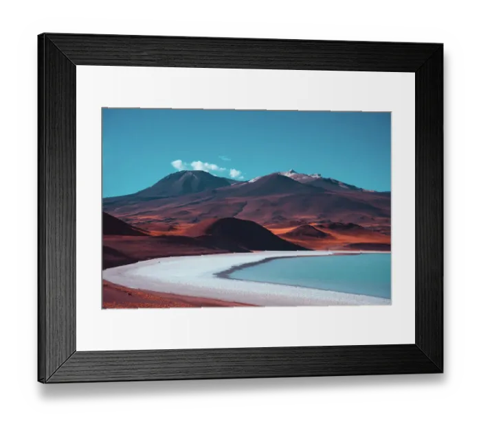 Framed Print : Red volcanic mountains and a blue salt lake. Beautiful nature background Framed Print : Red volcanic mountains and a blue salt lake. Beautiful nature background
