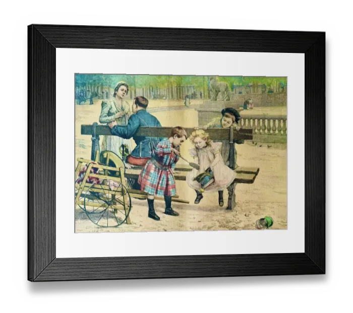 Framed Print : Every age has its advantages, three children play on a bench in the park with the hat of a soldier flirting with a young lady on the same bench Framed Print : Every age has its advantages, three children play on a bench in the park with the hat of a soldier flirting with a young lady on the same bench