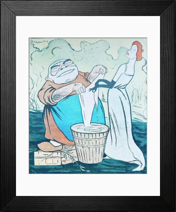 Framed Print : Elegant woman with red hair washing her tissue, man with white beard hiding it Framed Print : Elegant woman with red hair washing her tissue, man with white beard hiding it