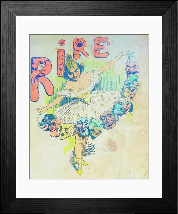 Framed Print : Woman fanning laughing masks in front of herself, french word rire above her Framed Print : Woman fanning laughing masks in front of herself, french word rire above her