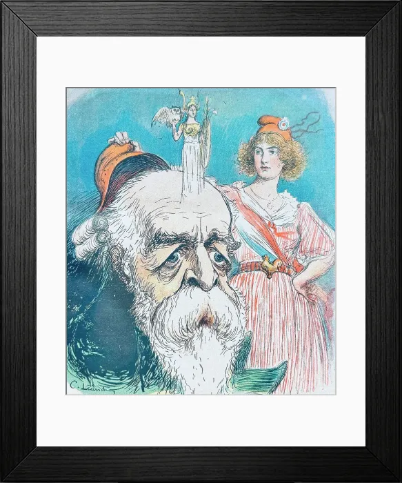 Framed Print : Old man with white beard looking depressed, a woman appears on his forehead holding an owl and a floral shield, Owl of Athena is on the one hand an affirmative symbol of prudence Framed Print : Old man with white beard looking depressed, a woman appears on his forehead holding an owl and a floral shield, Owl of Athena is on the one hand an affirmative symbol of prudence