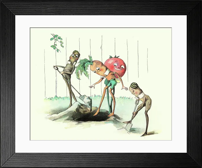 Framed Print : Fairy tale, Magical creatures, Carrot, Tomato, Runner bean, Men, The Vege-men's revenge, children's book illustration, Florence K Upton, 1890s Framed Print : Fairy tale, Magical creatures, Carrot, Tomato, Runner bean, Men, The Vege-men's revenge, children's book illustration, Florence K Upton, 1890s