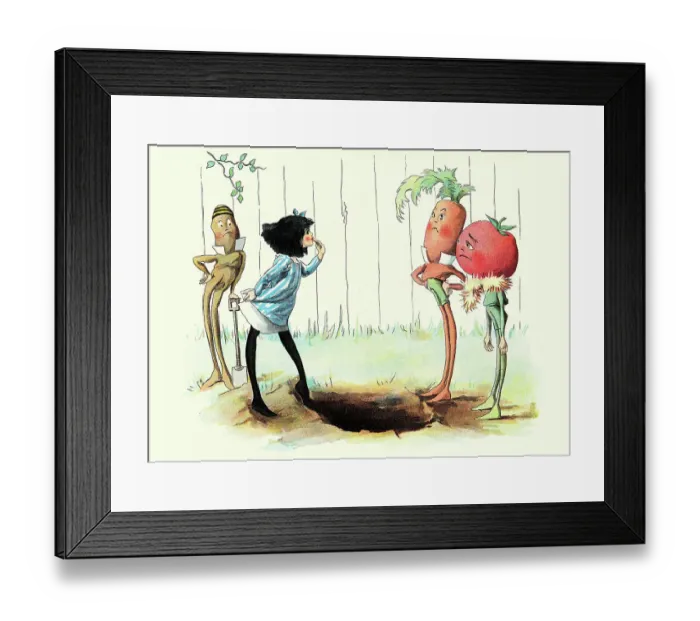 Framed Print : Fairy tale, Little girl talking to vegetable men, Carrot, Tomato, Runner bean, The Vege-men's revenge, children's book illustration, Florence K Upton, 1890s Framed Print : Fairy tale, Little girl talking to vegetable men, Carrot, Tomato, Runner bean, The Vege-men's revenge, children's book illustration, Florence K Upton, 1890s