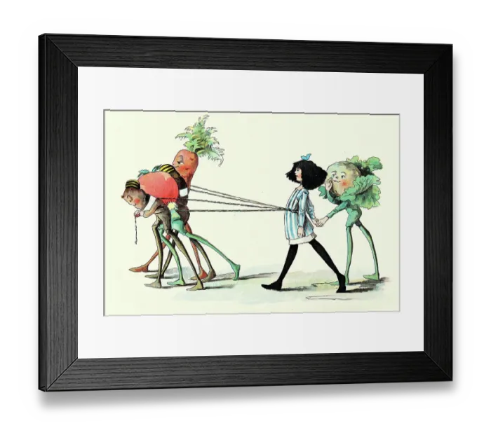 Framed Print : Fairy tale, Little girl taken captive by vegetable men, The Vege-men's revenge, children's book illustration, Florence K Upton, 1890s