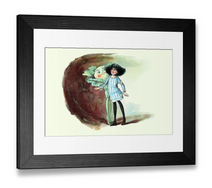 Framed Print : Fairy tale, Little girl in a magical world with a vegetable man, The Vege-men's revenge, children's book illustration, Florence K Upton, 1890s