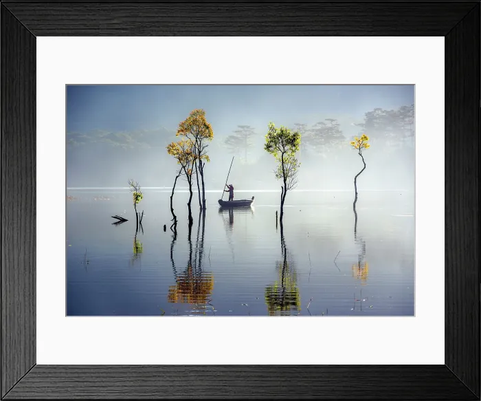 Framed Print : sunbeam and trees reflected on the lake at springtime Framed Print : sunbeam and trees reflected on the lake at springtime