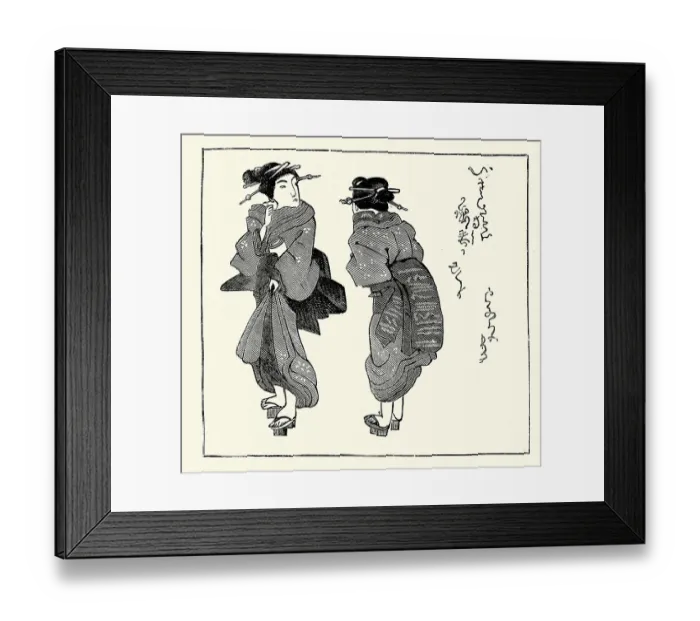 Framed Print : Traditional Japanese art, women, kimono, Geta platform sandals, Kanzashi hair pins, Victorian 19th Century style, Vintage illustration Framed Print : Traditional Japanese art, women, kimono, Geta platform sandals, Kanzashi hair pins, Victorian 19th Century style, Vintage illustration